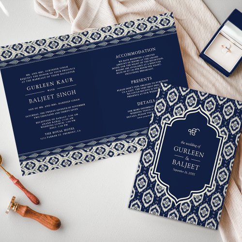 Navy Blue Ikat All in One Anand Karaj Sikh Wedding Invitation