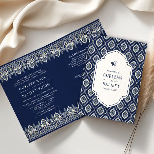 Navy Blue Ikat All in One Anand Karaj Sikh Wedding Invitation