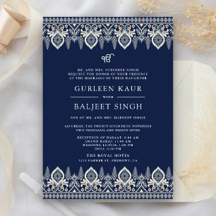 Navy Blue Ikat Anand Karaj Sikh Wedding Invitation