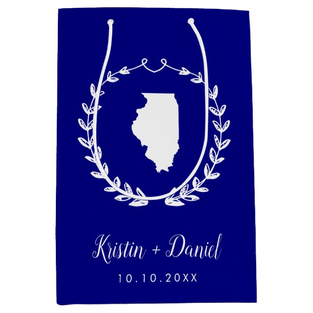Navy Blue Illinois Map Wedding Welcome Swag Medium Gift Bag (Front)