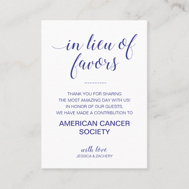 Navy Blue In Lieu Of Favors Charity Donate Wedding Place Card (Front)