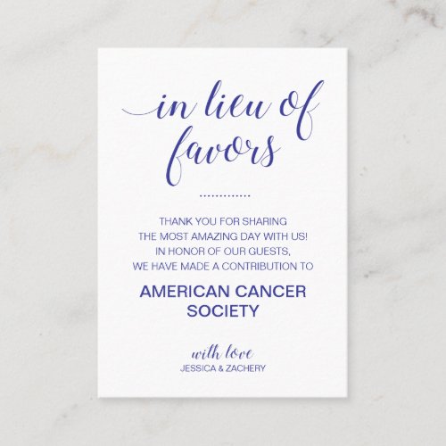 Navy Blue In Lieu Of Favors Charity Donate Wedding Place Card