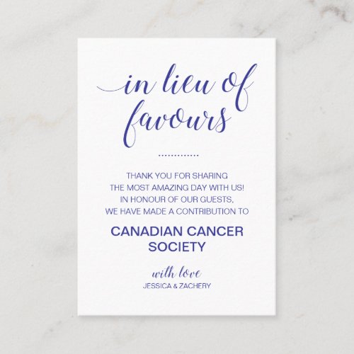 Navy Blue In Lieu Of Favours Donate Wedding Place Card