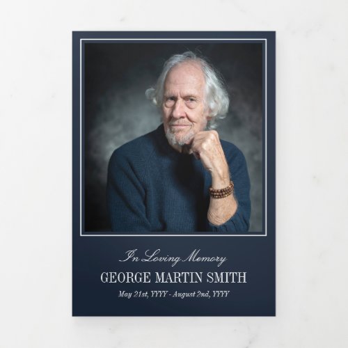 Navy Blue In Loving Memory Photo Funeral Tri_Fold Program