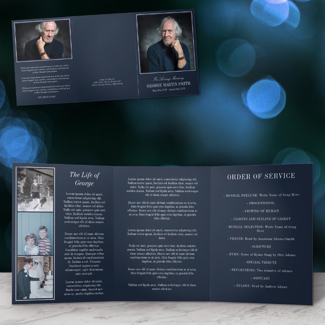Navy Blue In Loving Memory Photo Funeral Tri-Fold Program (Creator Uploaded)