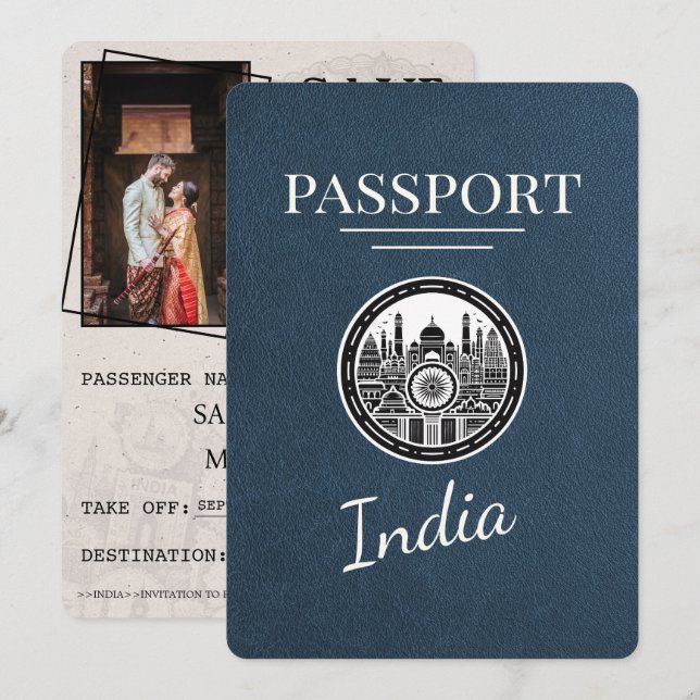 Navy Blue India Passport Save The Date (Front/Back)