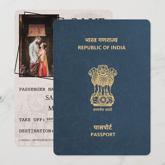 Navy Blue India Passport Save The Date (Front/Back)