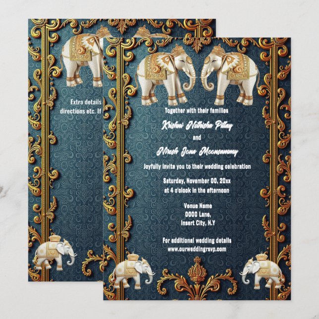 Navy blue Indian elephants Hindi luxurious paisley Invitation (Front/Back)