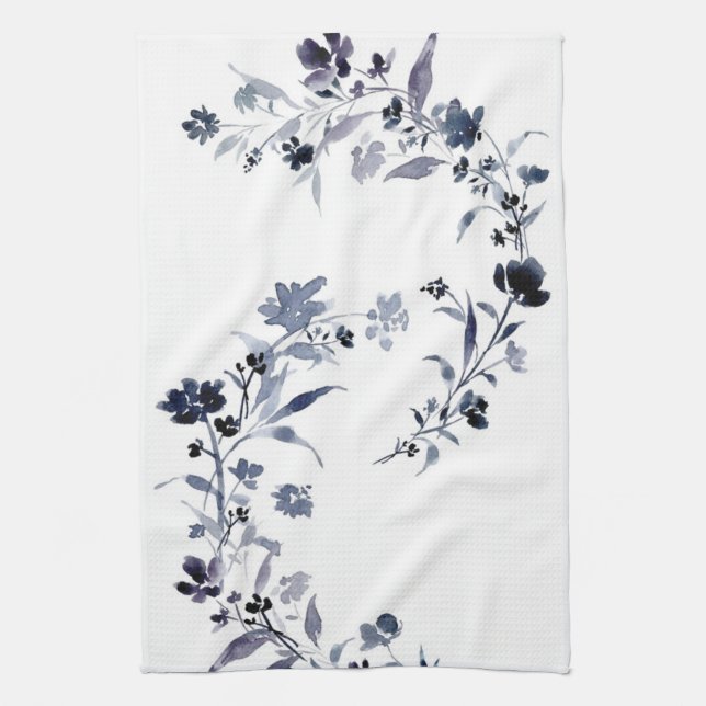 Navy blue indigo floral flower watercolor kitchen towel (Vertical)