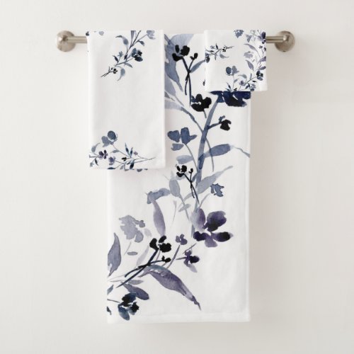 Navy blue indigo floral flower watercolor Towel