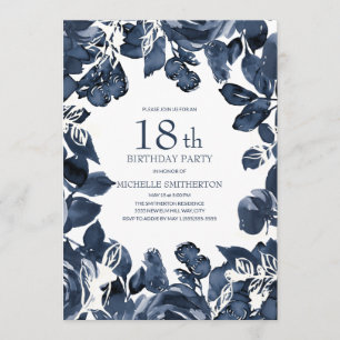 Navy Blue Indigo Leaves 18th Birthday Invitation