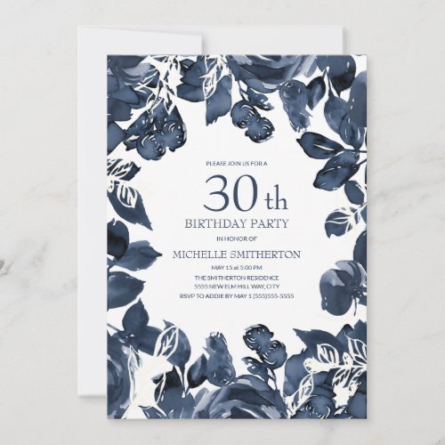 Navy Blue Indigo Leaves 30th Birthday Invitation