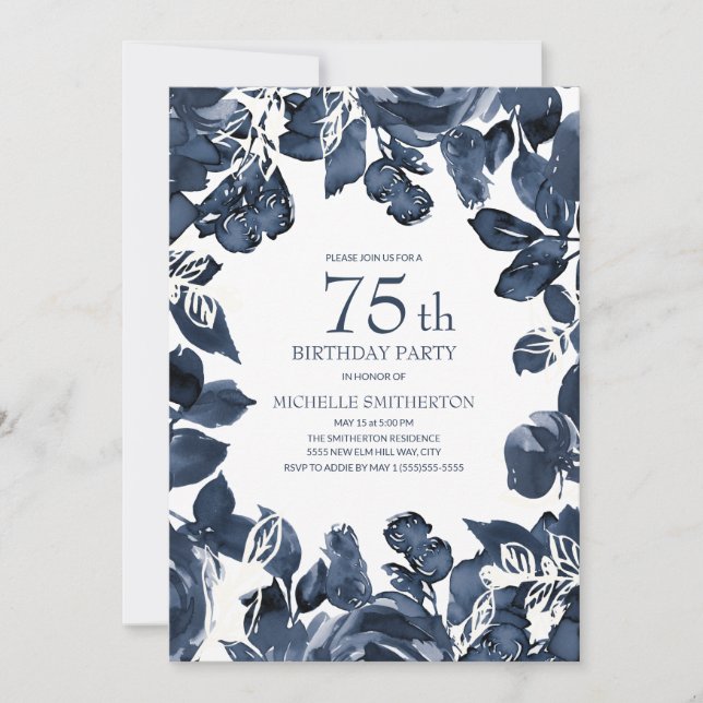 Navy Blue Indigo Leaves 75th Birthday Invitation (Front)