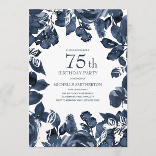Navy Blue Indigo Leaves 75th Birthday Invitation