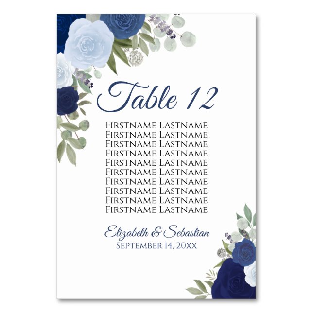 Navy Blue & Indigo Roses Wedding Seating Chart Table Number (Front)