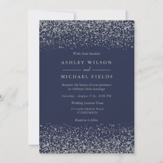 Navy Blue Indigo Silver Glitter Modern Wedding Invitation