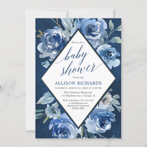 Navy blue indigo watercolor floral boy baby shower invitation
