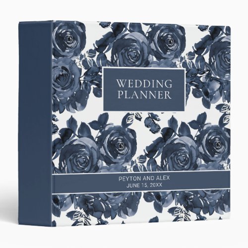 Navy Blue Indigo Watercolor Floral Wedding Planner 3 Ring Binder