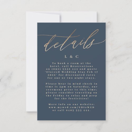 Navy Blue Info Accommodation Gold Wedding RSVP Card