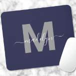 Navy Blue Initial Name Monogram Mouse Pad<br><div class="desc">Personalized Elegant Modern Navy Blue and White Script Initial Monogram Mouse Pad. Add a touch of sophistication to your workspace with this chic mouse pad. It features a sleek gray initial centered on a rich navy blue background, complemented by a clean and modern design. Combining elegance with practicality, this mouse...</div>