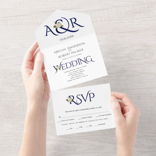 Navy blue initials and ampersand rose wedding   all in one invitation