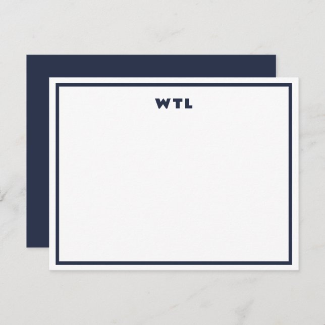 Navy Blue Initials Monogram Modern Note Card (Front/Back)