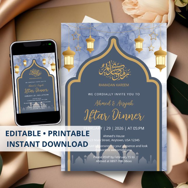 Navy Blue Ink & Gold Frame Iftar Invitation (Creator Uploaded)