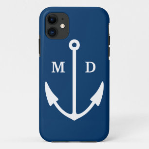 Navy blue iPhone case with boat anchor monogram
