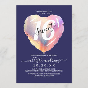 Navy Blue Iridescent Foil Heart Balloon Sweet 16 Invitation