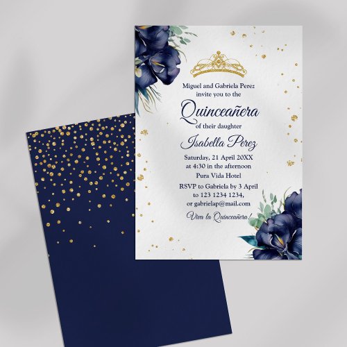  Navy Blue Iris and Glitter Tiara Quinceanera Invitation