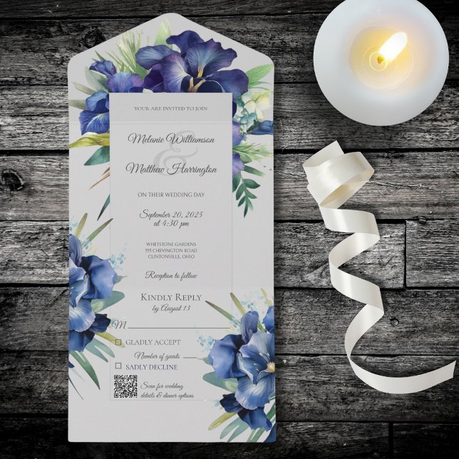 Navy Blue Iris with QR Code  All In One Invitation (Creator Uploaded)