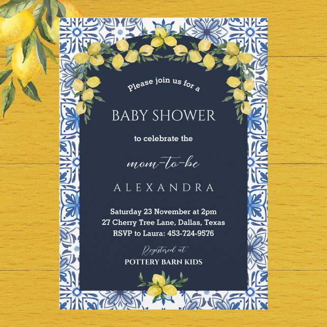 Navy Blue Italian Mediterranean Lemon Baby Shower Invitation (Creator Uploaded)