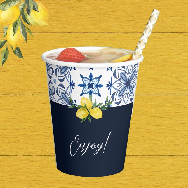 Navy Blue Italian Tile Yellow Lemon Bridal Shower Paper Cups (Creator Uploaded)