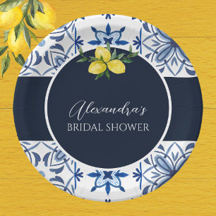 Navy Blue Italian Yellow Lemon Bridal Shower Paper Plates