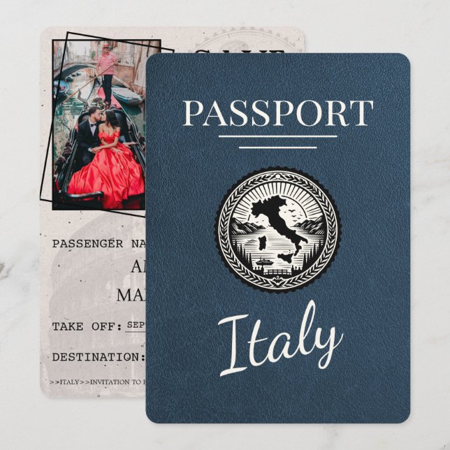 Navy Blue Italy Passport Save The Date (Front/Back)