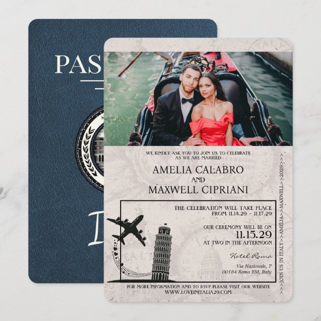Navy Blue Italy Passport Wedding Invitation (Front/Back)