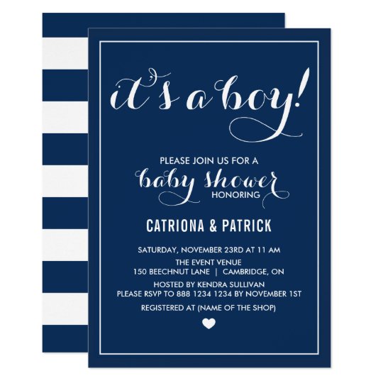 Navy Blue It S A Boy Script Baby Shower Invitation Zazzle