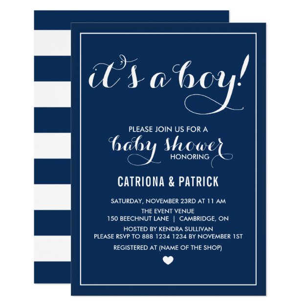 Navy Blue It's A Boy Script Baby Shower Invitation