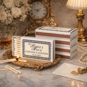 Navy Blue Ivory Checkered Old Money Wedding Favors Matchboxes