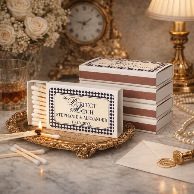 Navy Blue Ivory Checkered Old Money Wedding Favors Matchboxes (Creator Uploaded)