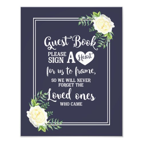 Navy blue Ivory Chic Rose wedding Guestbook heart Photo Print