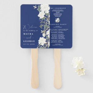 Navy Blue Ivory Chinoiserie Wedding Program Hand Fan