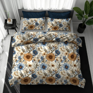 Navy Blue Ivory Floral Boho Dusty Blue Duvet Cover