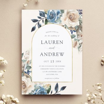 Navy Blue Ivory Floral Gold Arch Wedding Invitation by printcreekstudio at Zazzle