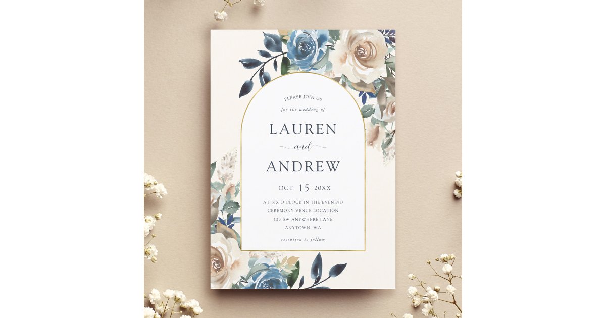 Navy Blue Ivory Floral Gold Arch Wedding Invitation | Zazzle