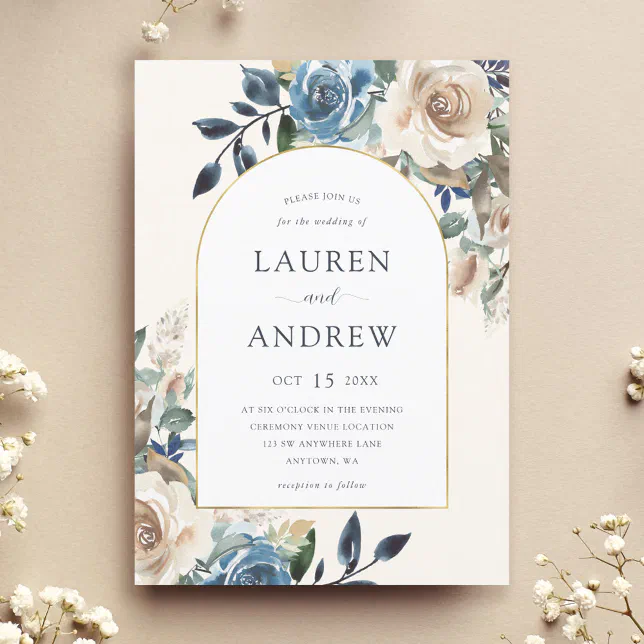 Navy Blue Ivory Floral Gold Arch Wedding Invitation | Zazzle