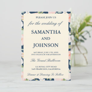 Navy Blue Ivory Floral Monogram Photo Wedding Invitation