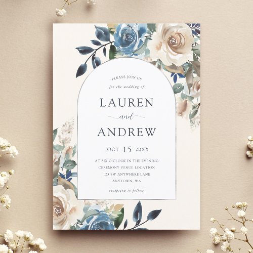 Navy Blue Ivory Floral Silver Arch Wedding Invitation