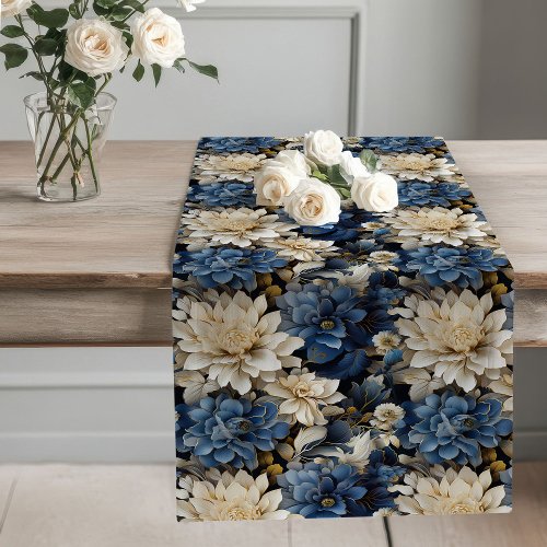 Navy blue ivory floral stylish elegant dining long table runner