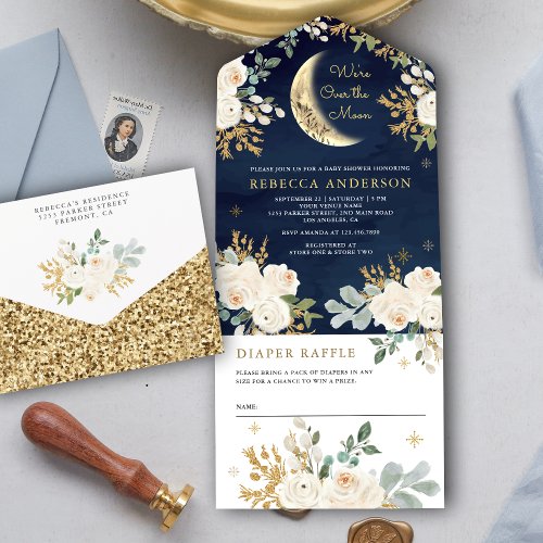 Navy Blue Ivory Gold Floral Boho Moon Baby Shower All In One Invitation